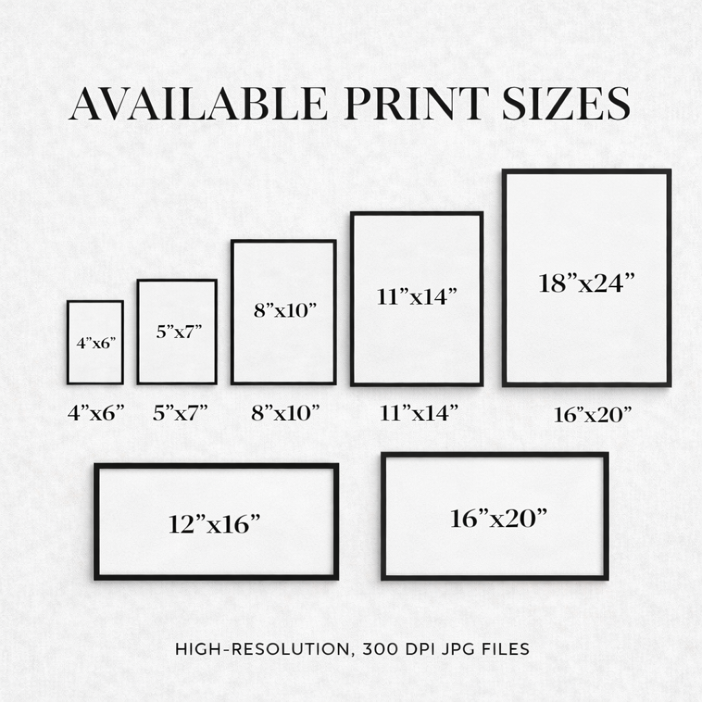 Chart showing available print sizes with corresponding dimensions on a white background.