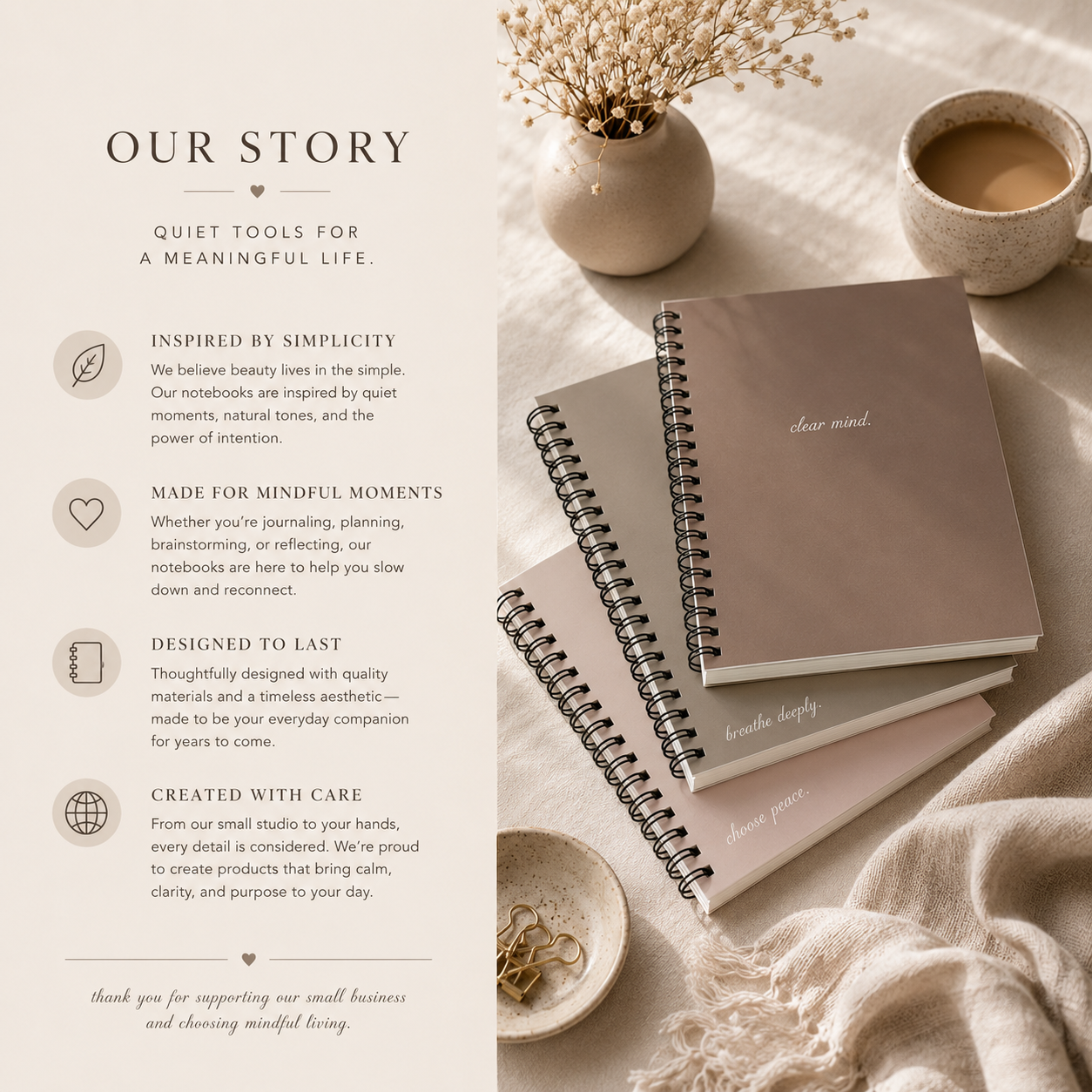 Notebooks with 'clear mind' text on a soft surface with a cup and vase, featuring 'Our Story' text.