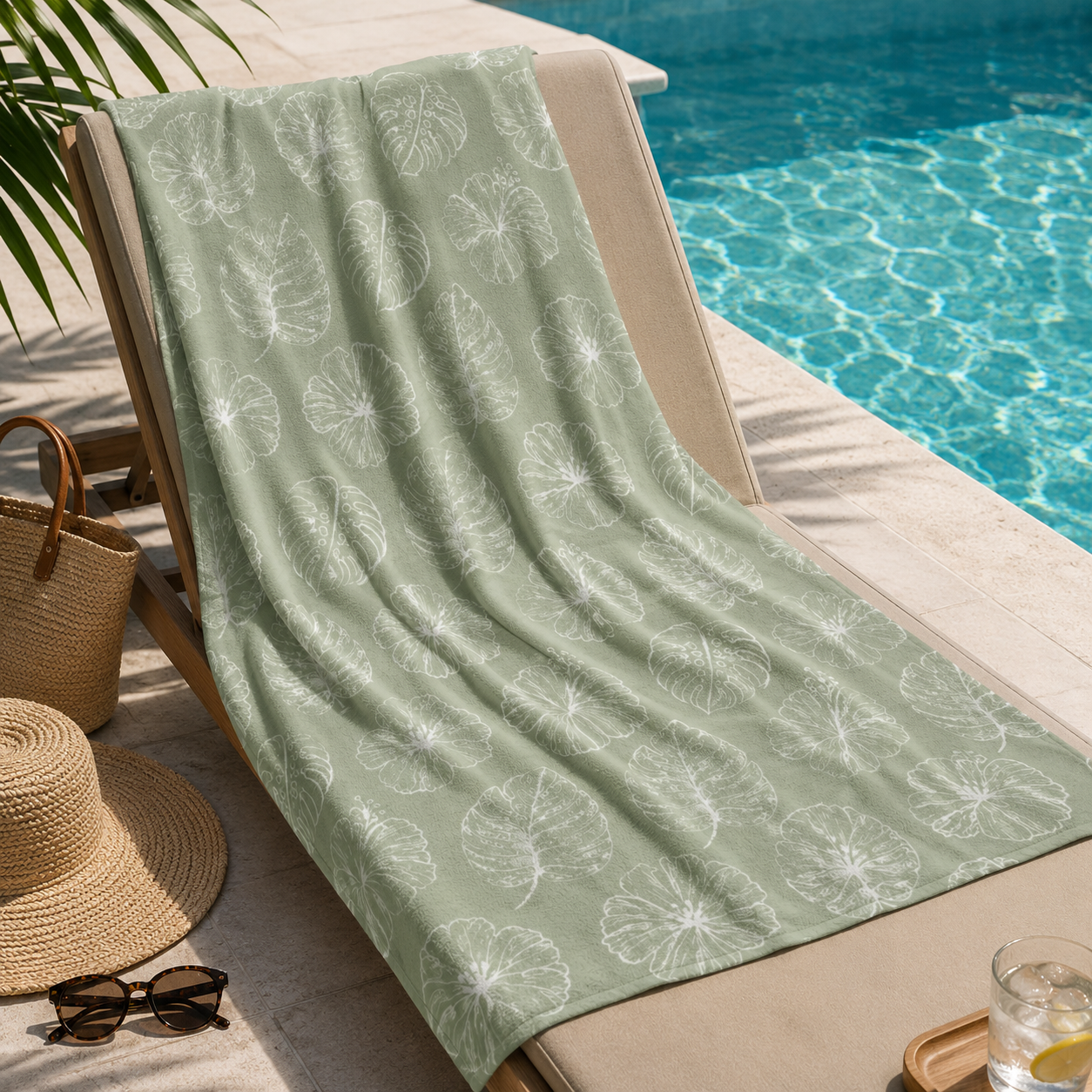 Green patterned towel on a lounge chair by a poolside with a hat and sunglasses.