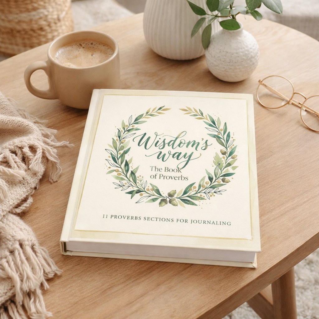 Book titled 'Wisdom's Way: The Book of Proverbs' on a wooden table with a cup of coffee, glasses, and a plant.