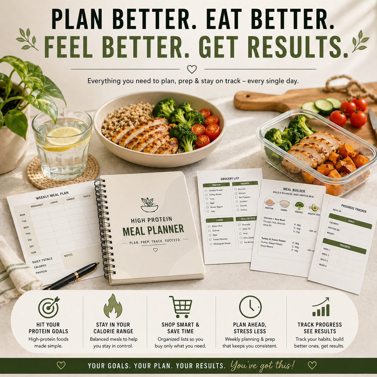 Meal planning setup with a notebook, meal prep containers, and ingredients on a table.