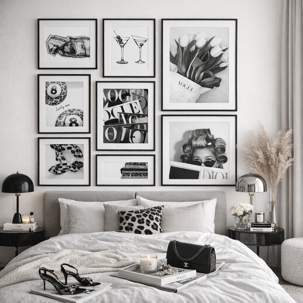 Decorative bedroom with framed art on the wall and a bed with pillows.