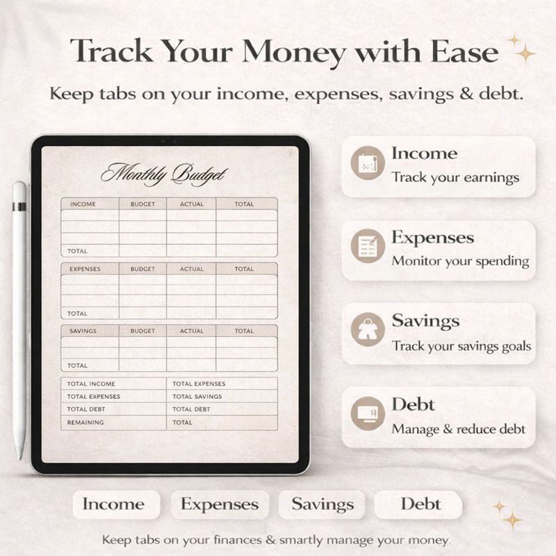 Digital tablet displaying a monthly budget planner with features for tracking income, expenses, savings, and debt.