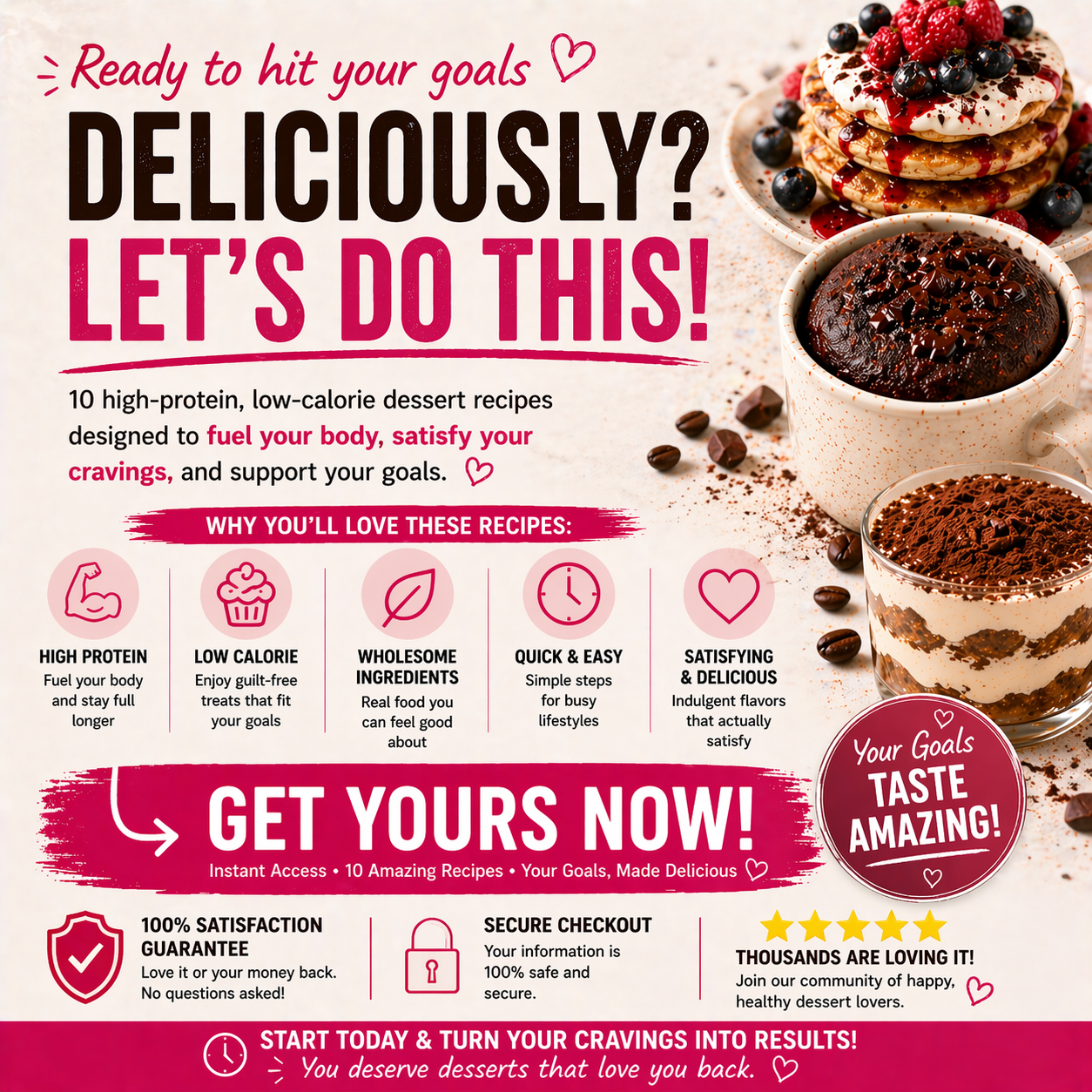 Promotional graphic for high-protein dessert recipes with images of desserts and text.