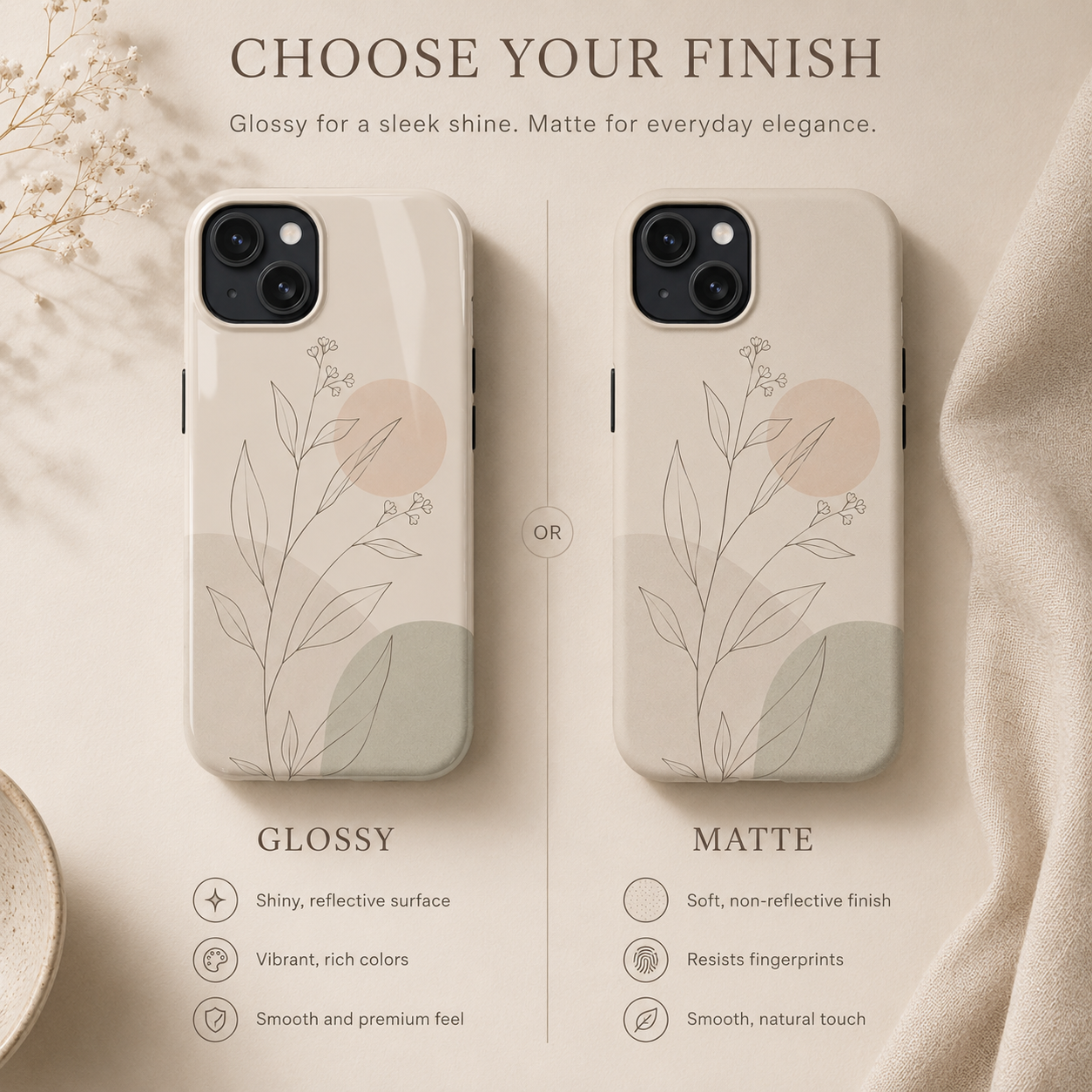 Two phone cases with floral design, one glossy and one matte, on a neutral background.