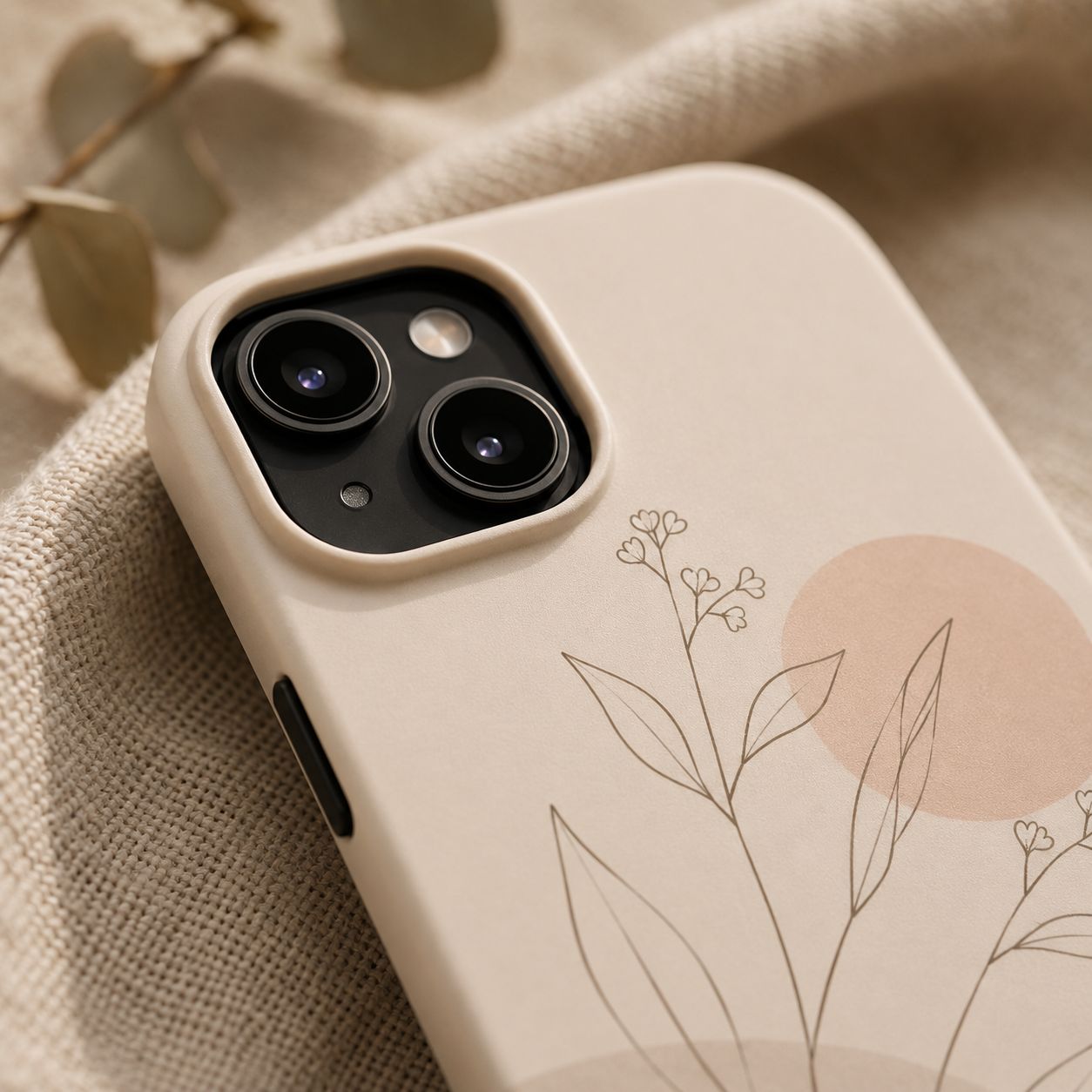 Phone case with floral design on a textured fabric background