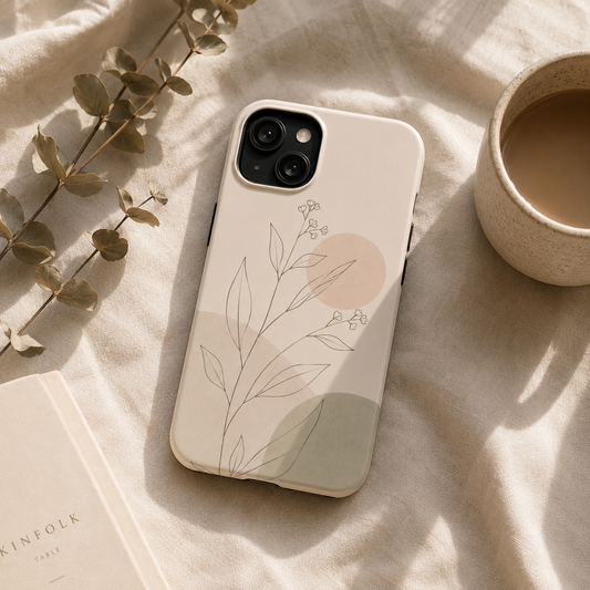 Phone case with floral design on a beige surface with a cup of coffee and book