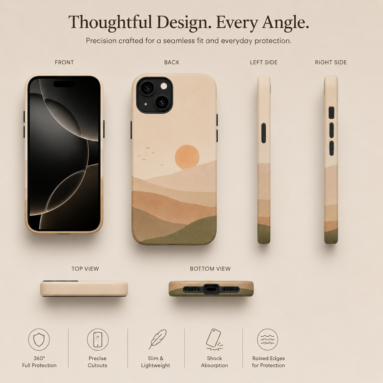 Phone case with multiple views and features on a beige background
