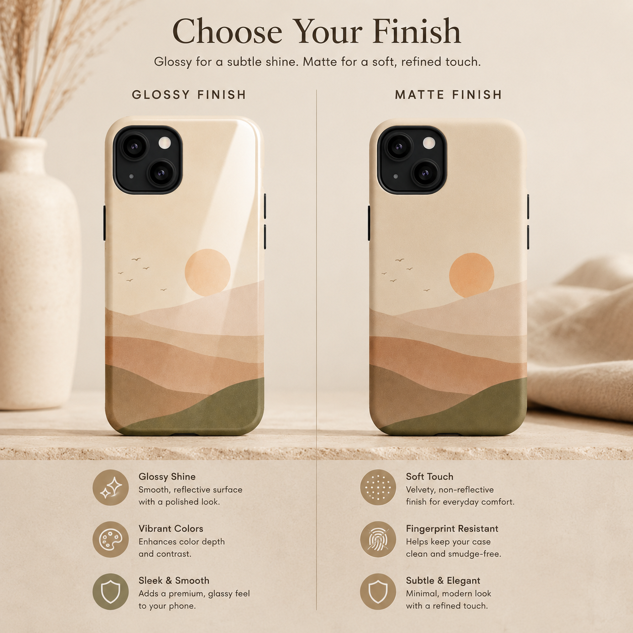 Phone case with glossy and matte finish options on a neutral background
