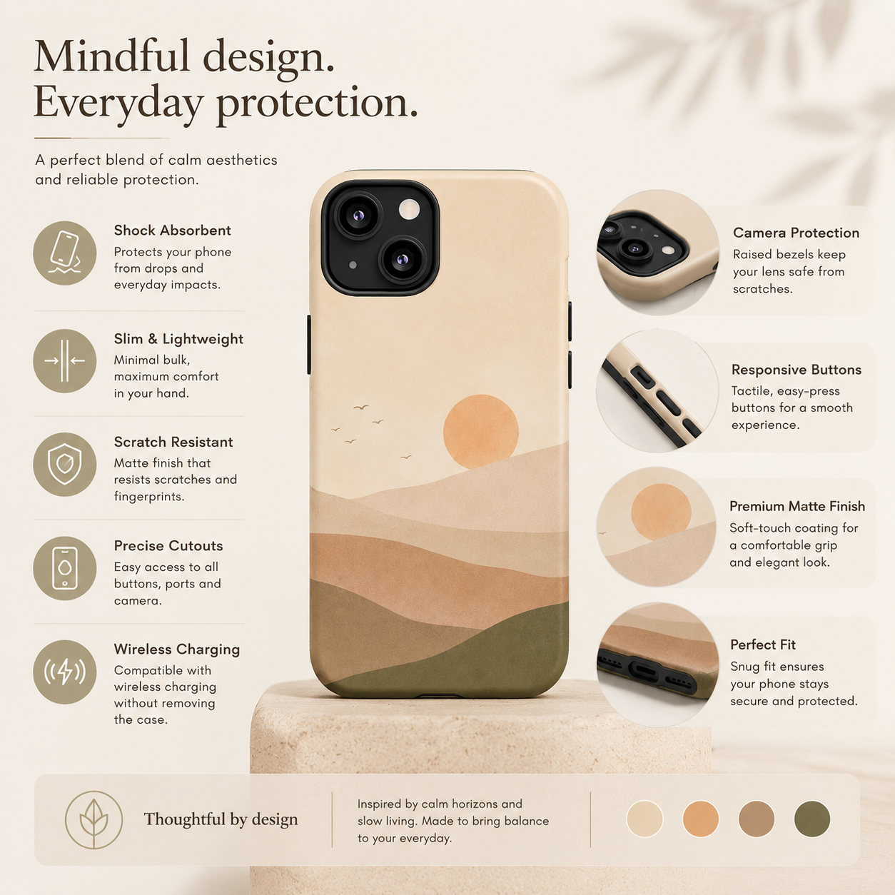 Phone case with landscape design and feature list on a neutral background