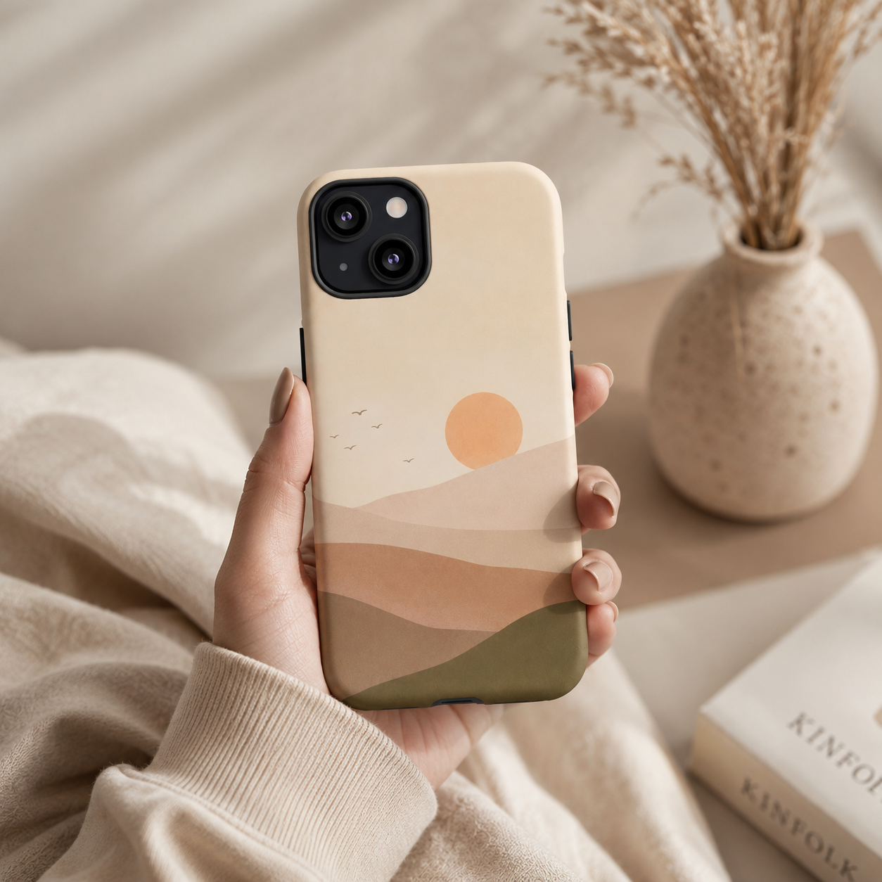 Hand holding a phone with a sunset design case, with a vase and books in the background.