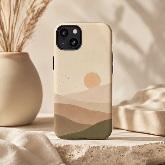 Phone case with landscape design on a neutral background