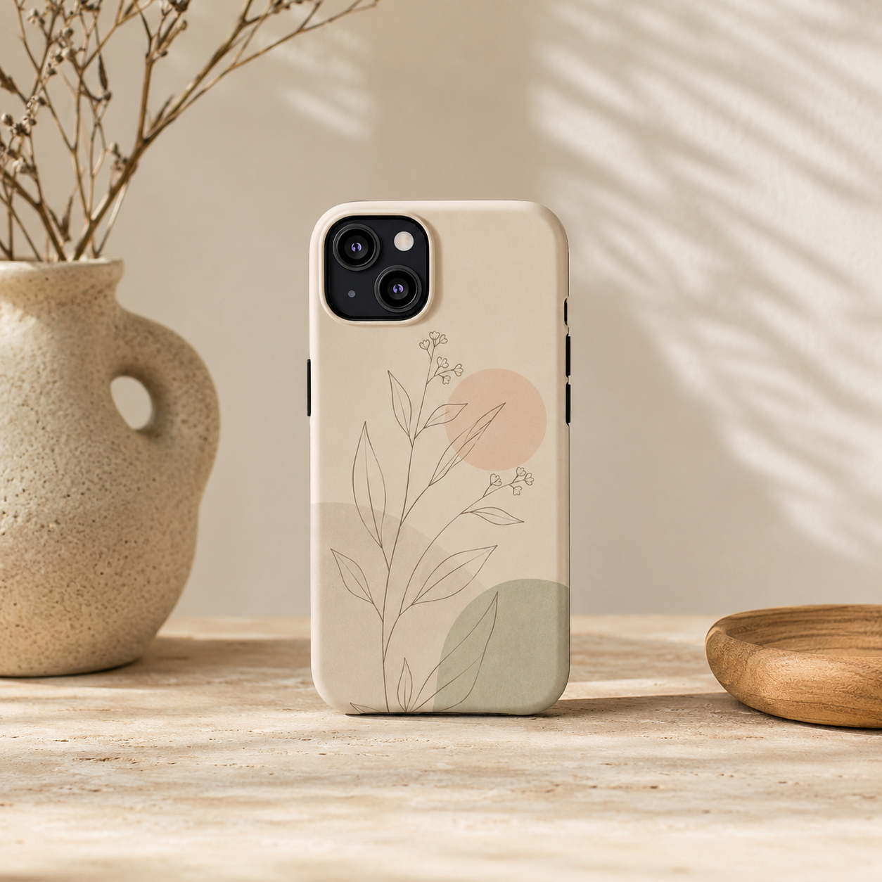 Phone case with floral design on a wooden surface next to a vase