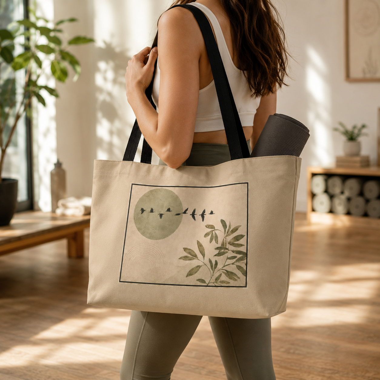 Person holding a tote bag with nature design in a room with plants and wooden floors.