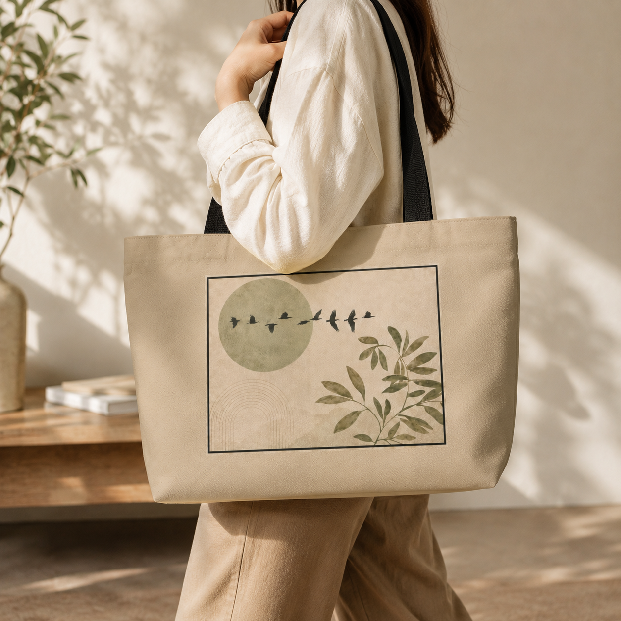 Person holding a beige tote bag with green design in a home setting