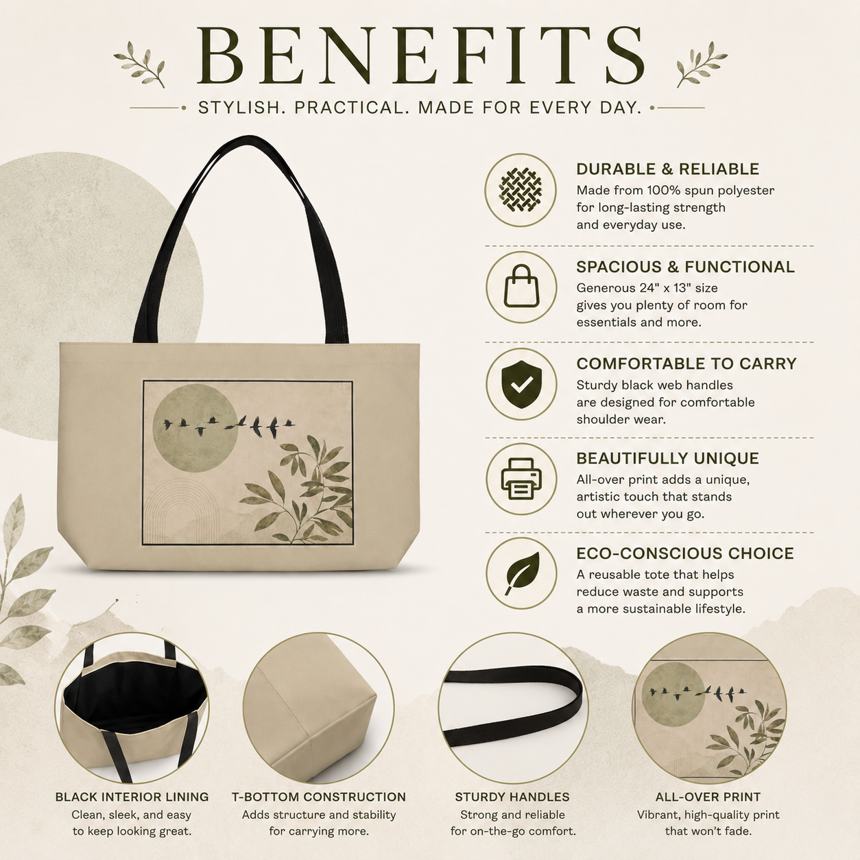 Beige tote bag with black handles and interior lining, featuring text on its benefits.