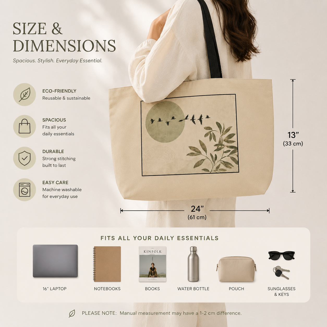 Tote bag with dimensions and features displayed on a white background