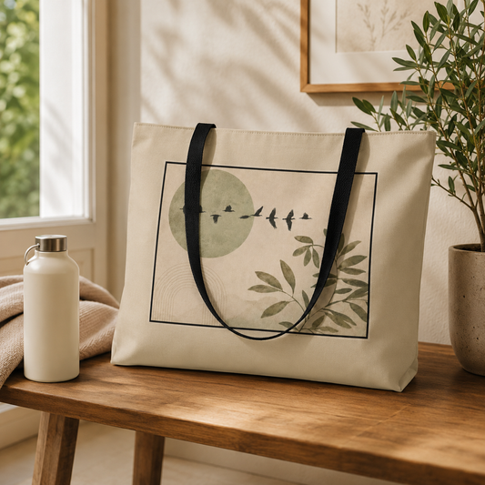 Beige tote bag with nature design on a wooden table near a window