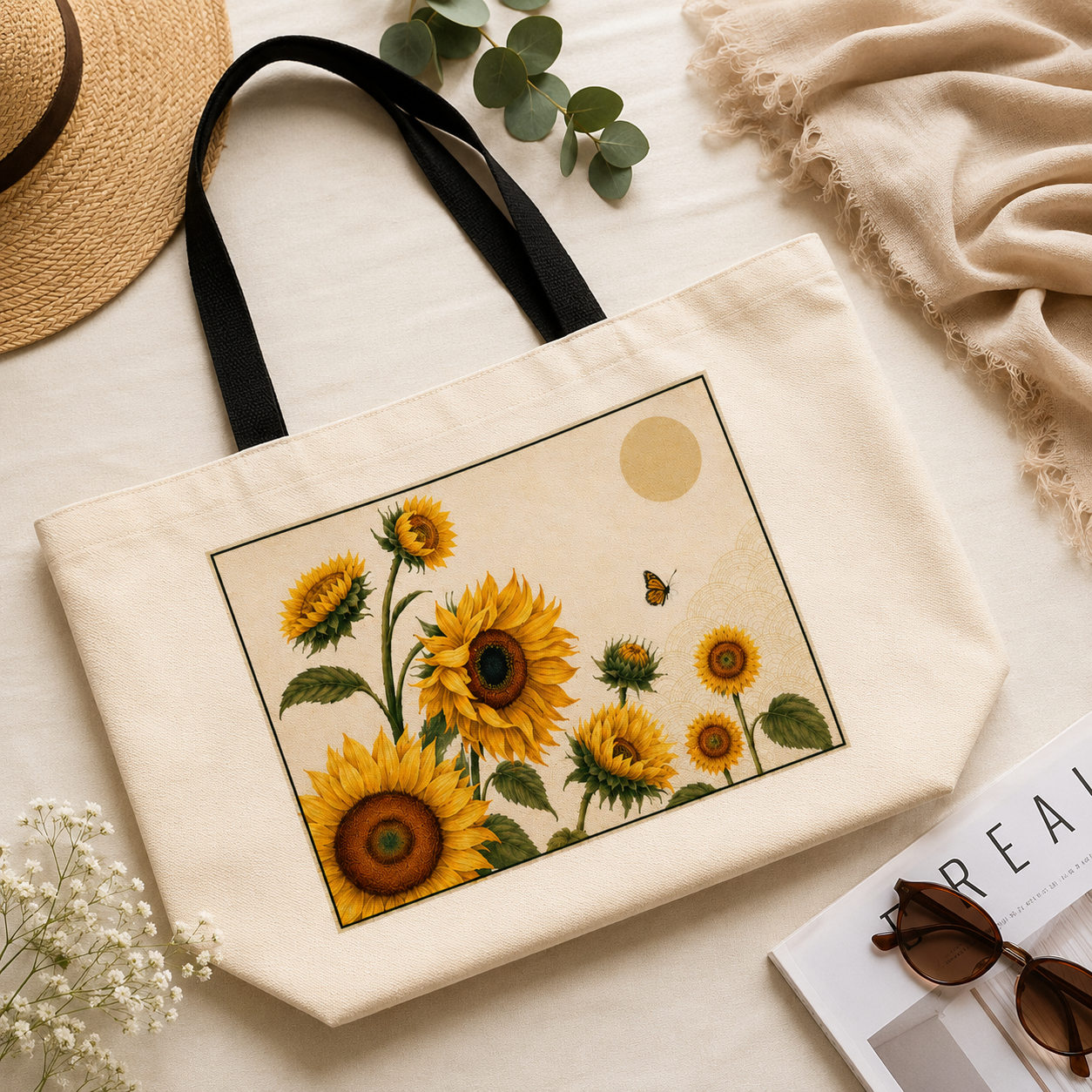 Beige tote bag with sunflower design on a light surface with a hat, flowers, and sunglasses.