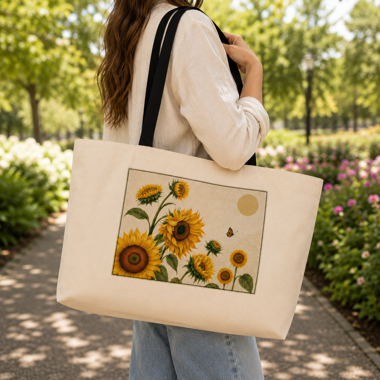 Person holding a tote bag with sunflower design in a garden setting
