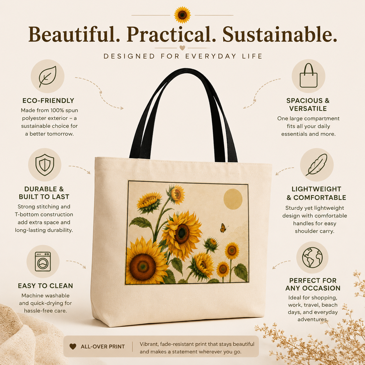 Beige tote bag with sunflower design and sustainability features on a beige background