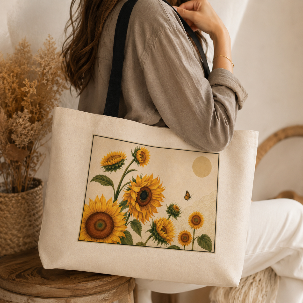 Person holding a tote bag with sunflower design