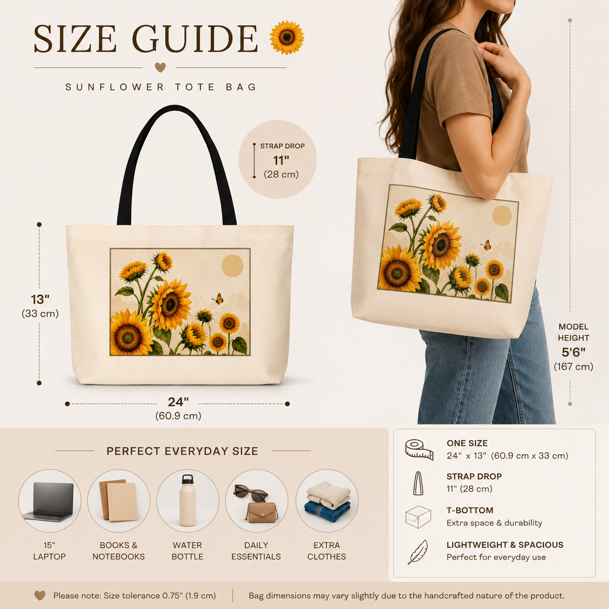 Sunflower tote bag size guide with dimensions and usage examples.
