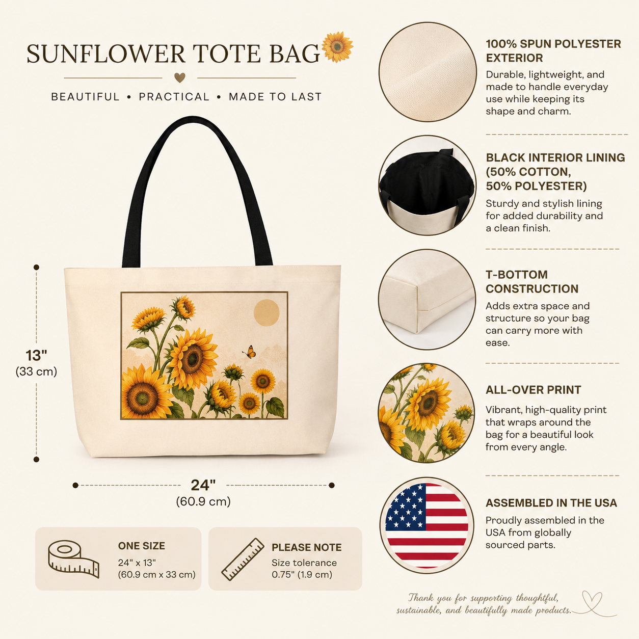 Sunflower tote bag with product details on a beige background