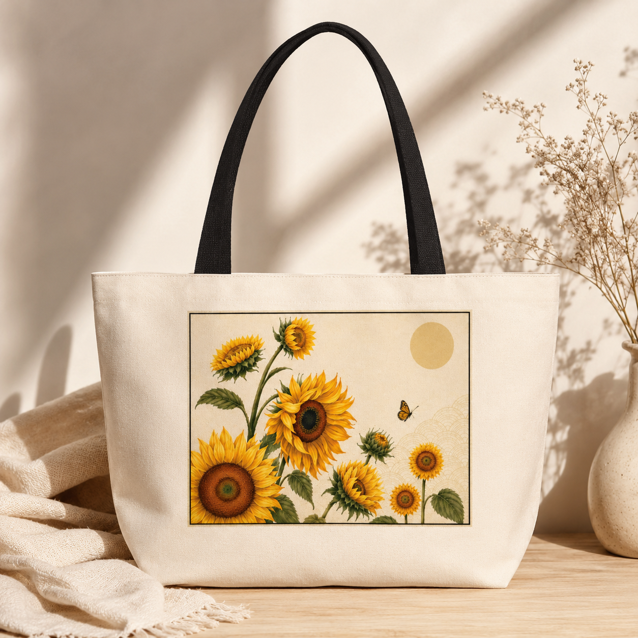 Tote bag with sunflower design on a wooden surface with a neutral background