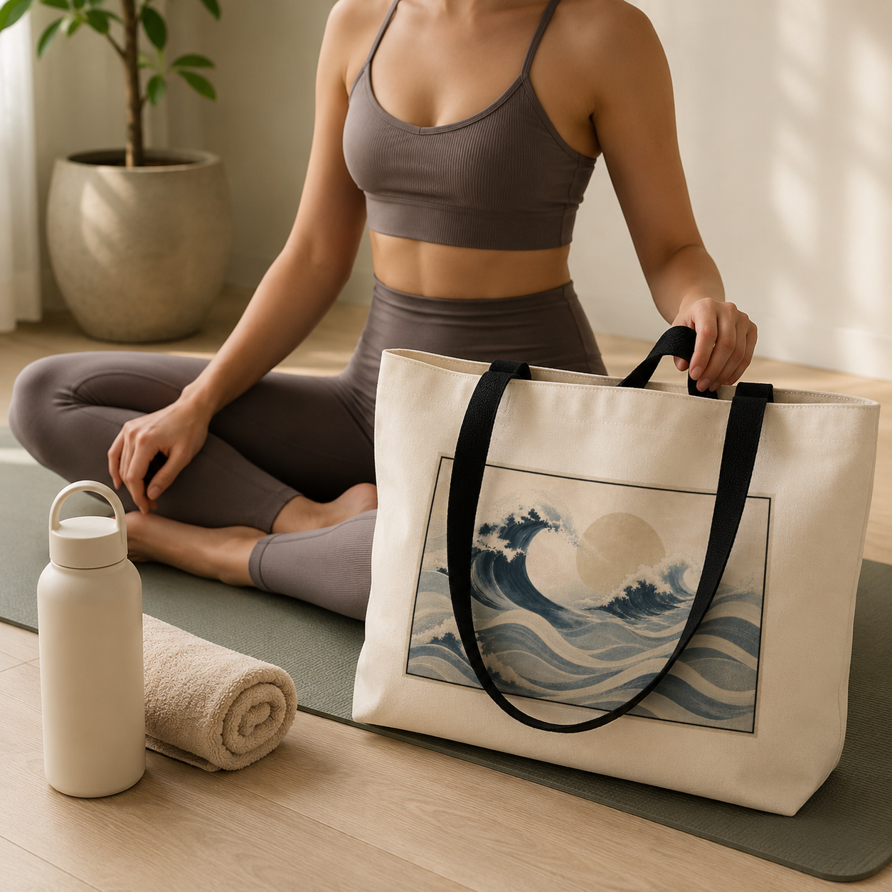Person in workout attire with a tote bag featuring a wave design, water bottle, and towel on a yoga mat.