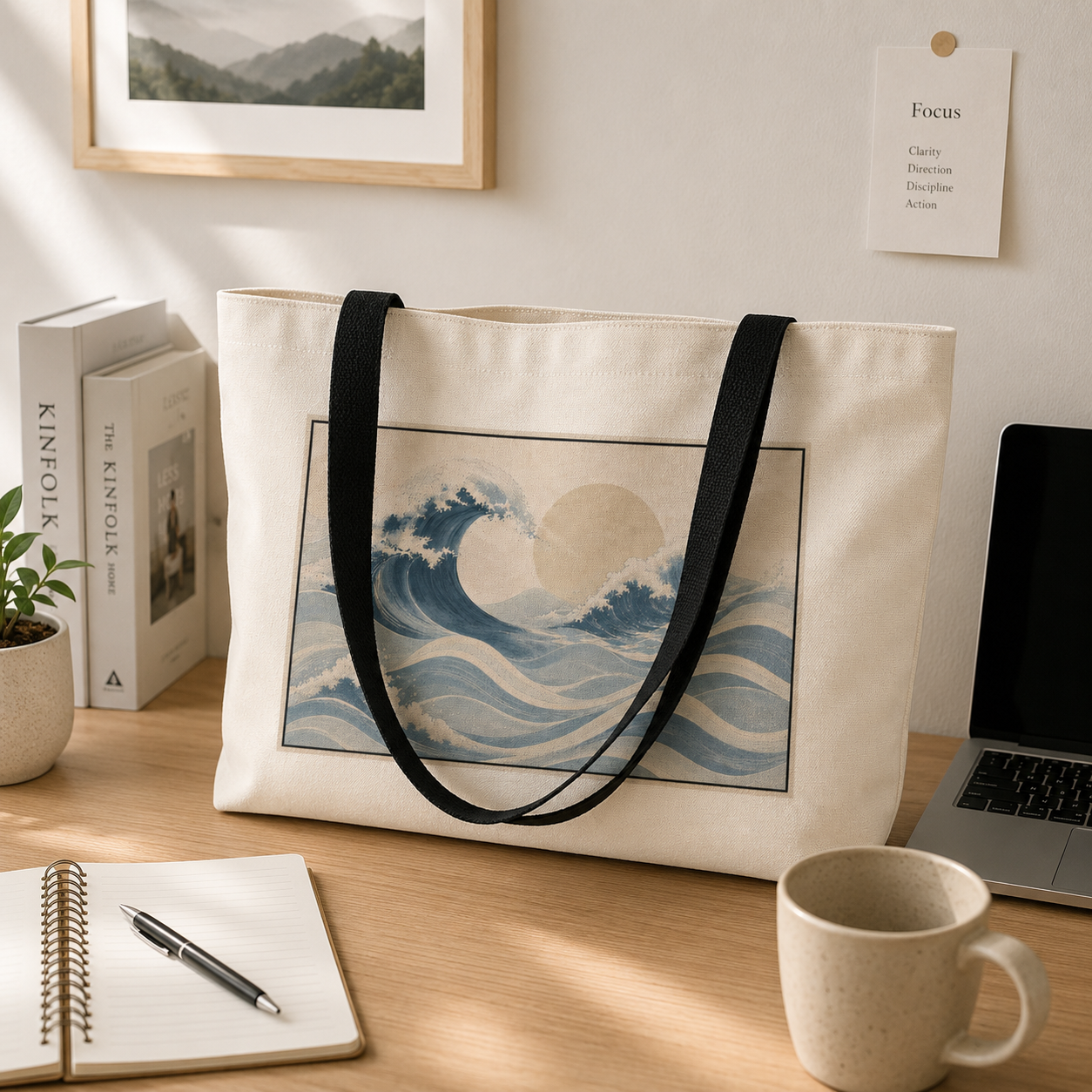 Beige tote bag with wave design on a desk with books, laptop, and mug.