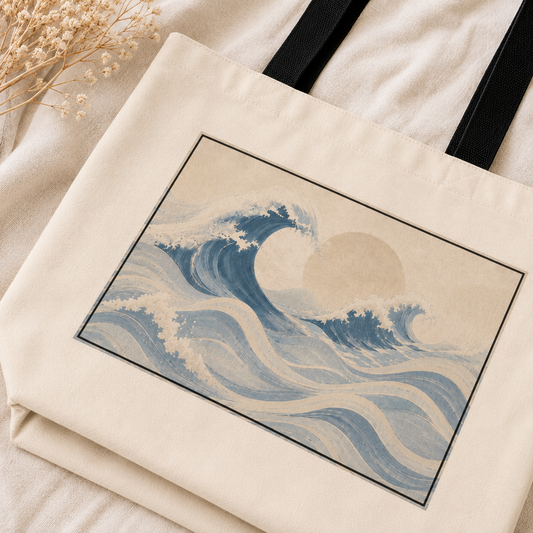 Beige tote bag with wave design on a beige surface