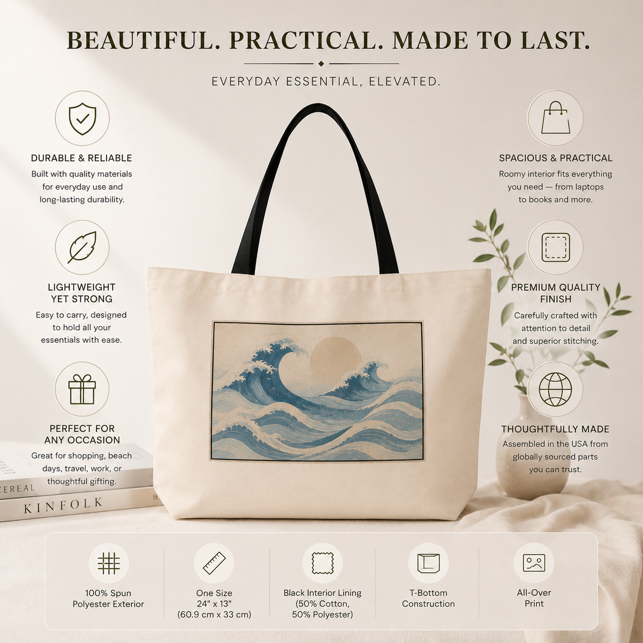 Beige tote bag with wave design, surrounded by text highlighting features on a light background.