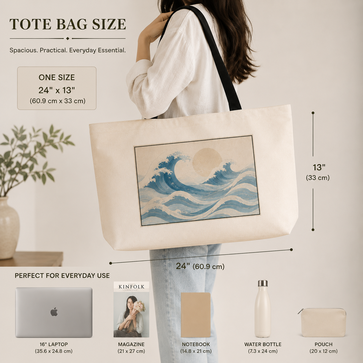 Tote bag with wave design held by a person, with measurements and product uses displayed.