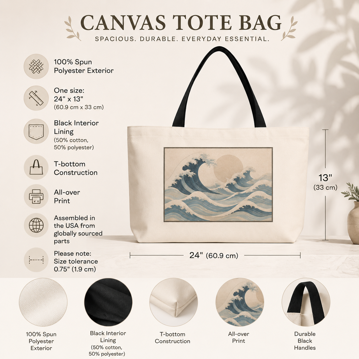 Canvas tote bag with wave design, featuring product details on a light background.