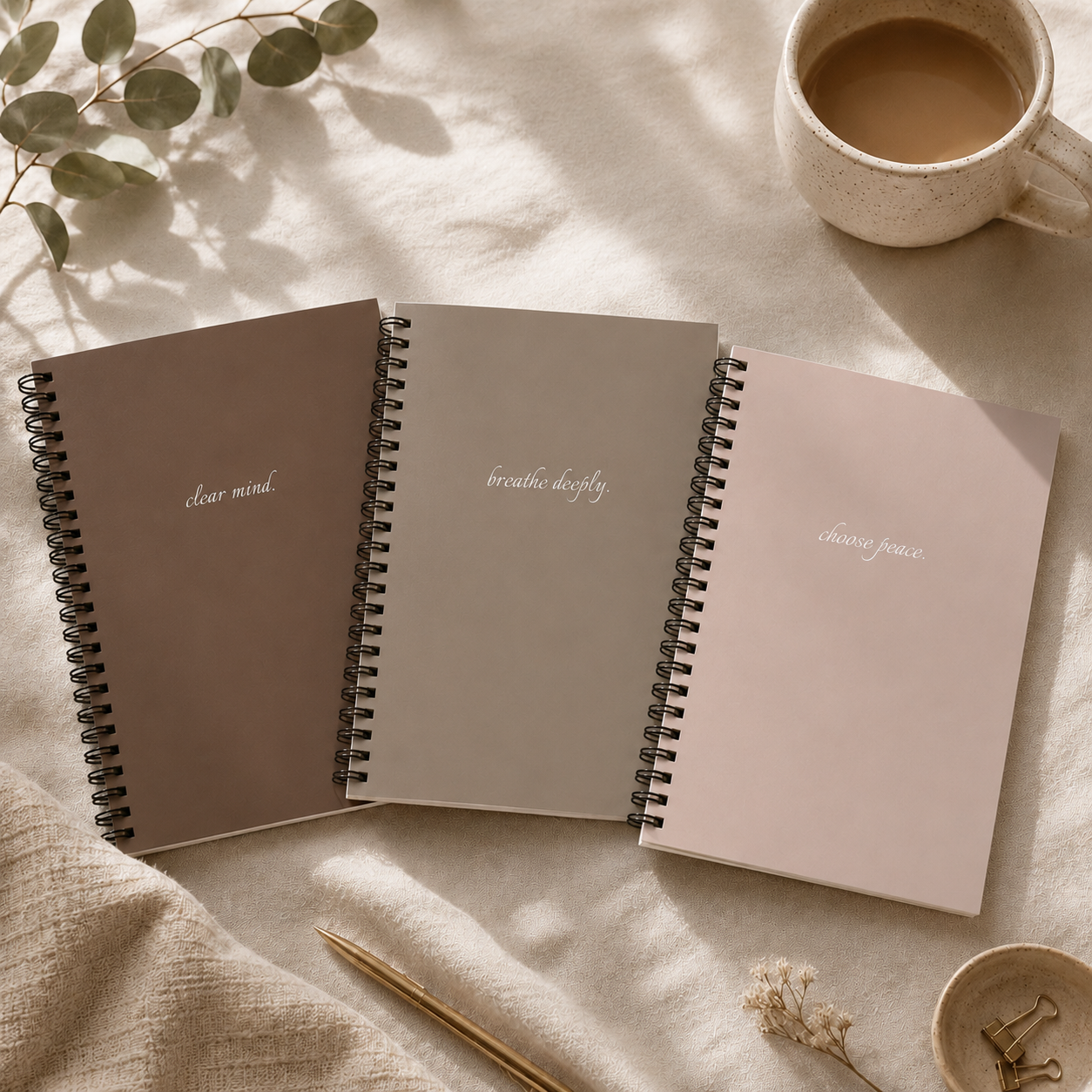 Three spiral-bound notebooks with motivational phrases on a light surface with a cup of coffee and decorative elements.