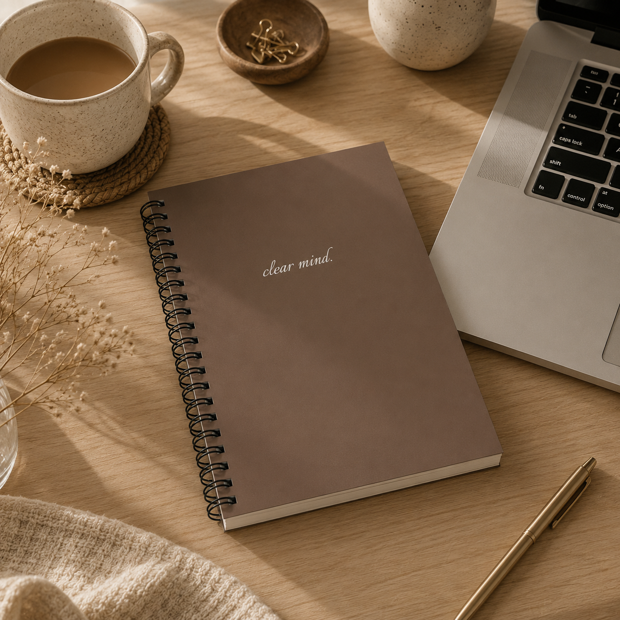 Notebook with 'clear mind' on a wooden desk with a cup of coffee, laptop, and pen.