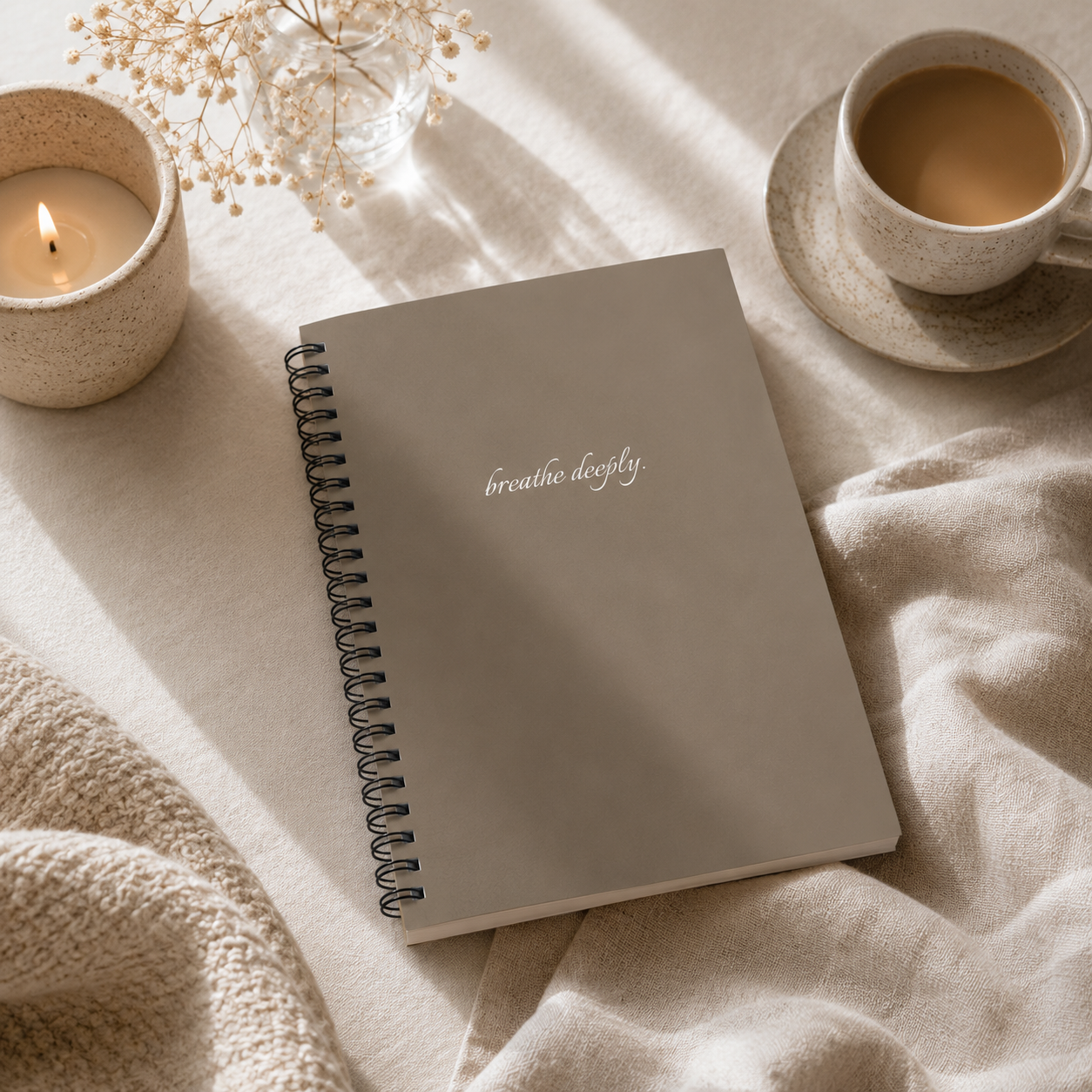 Notebook with 'breathe deeply' text on a soft surface with a candle and cup of coffee.