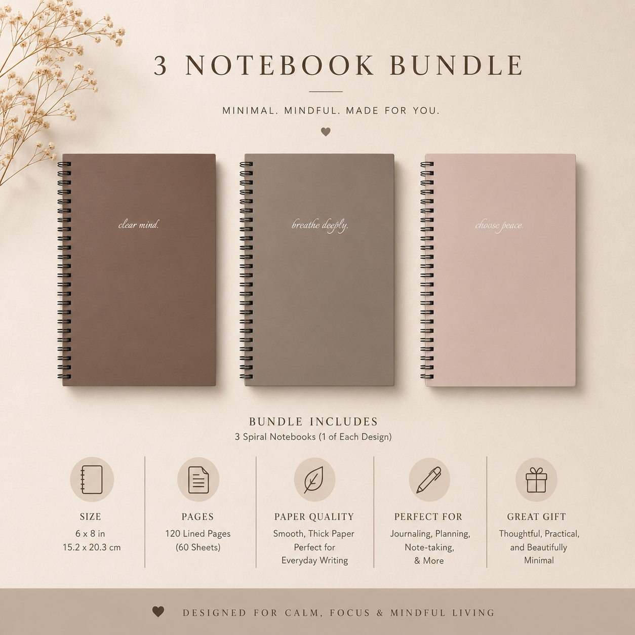 Three spiral-bound notebooks in different colors on a beige background with text and icons.