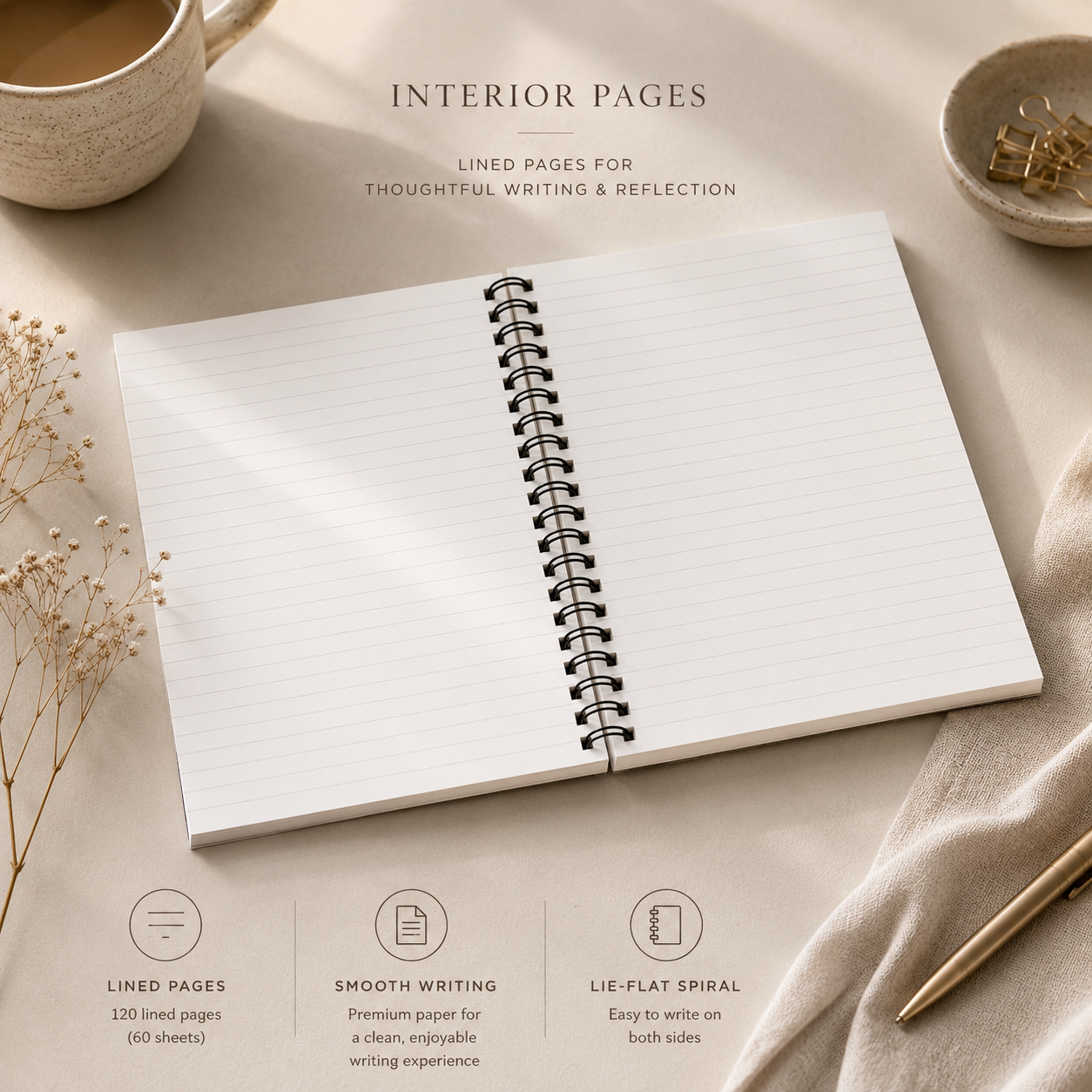 Open notebook with spiral binding on a beige surface with a cup and decorative elements.
