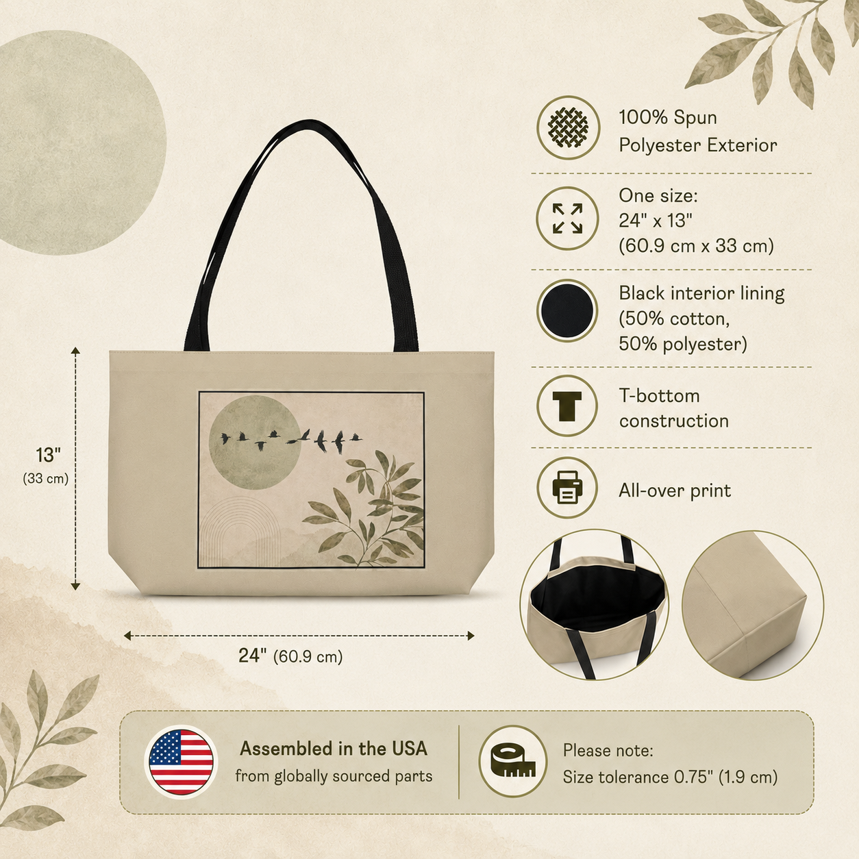 Beige tote bag with design, dimensions, and material information on a beige background
