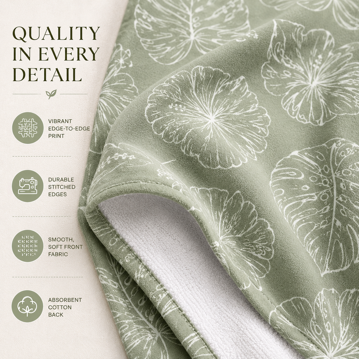 Green fabric with leaf pattern and quality features listed on a white background