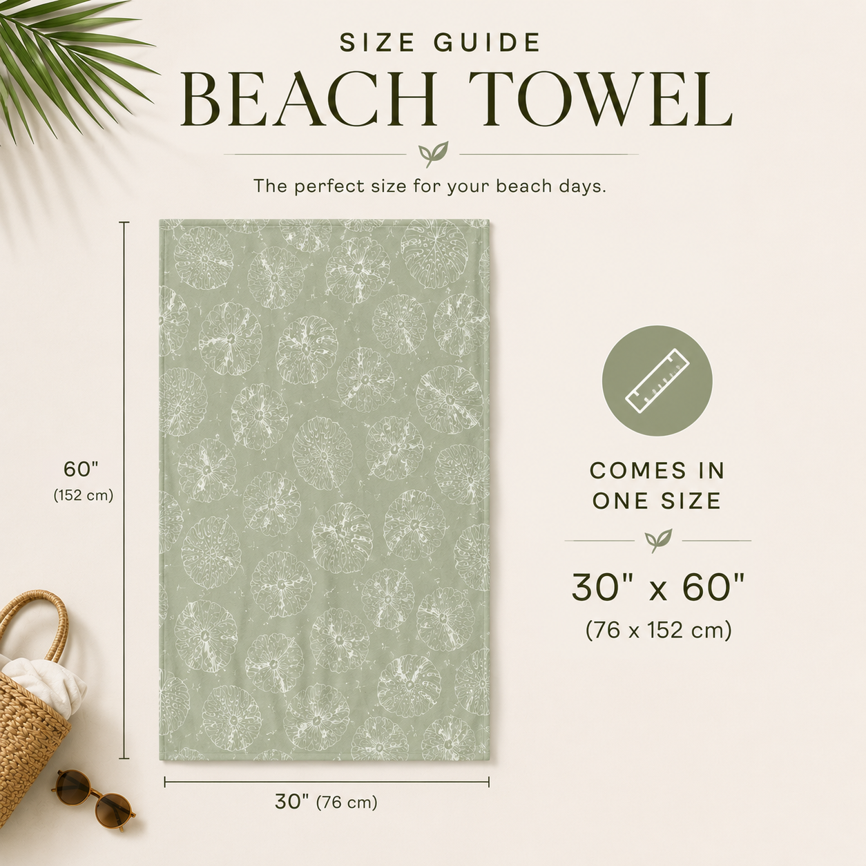 Beach towel size guide with dimensions and pattern on a light background