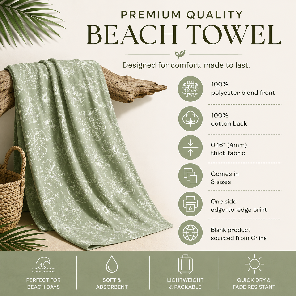 Green beach towel on a wooden log with product details on a white background