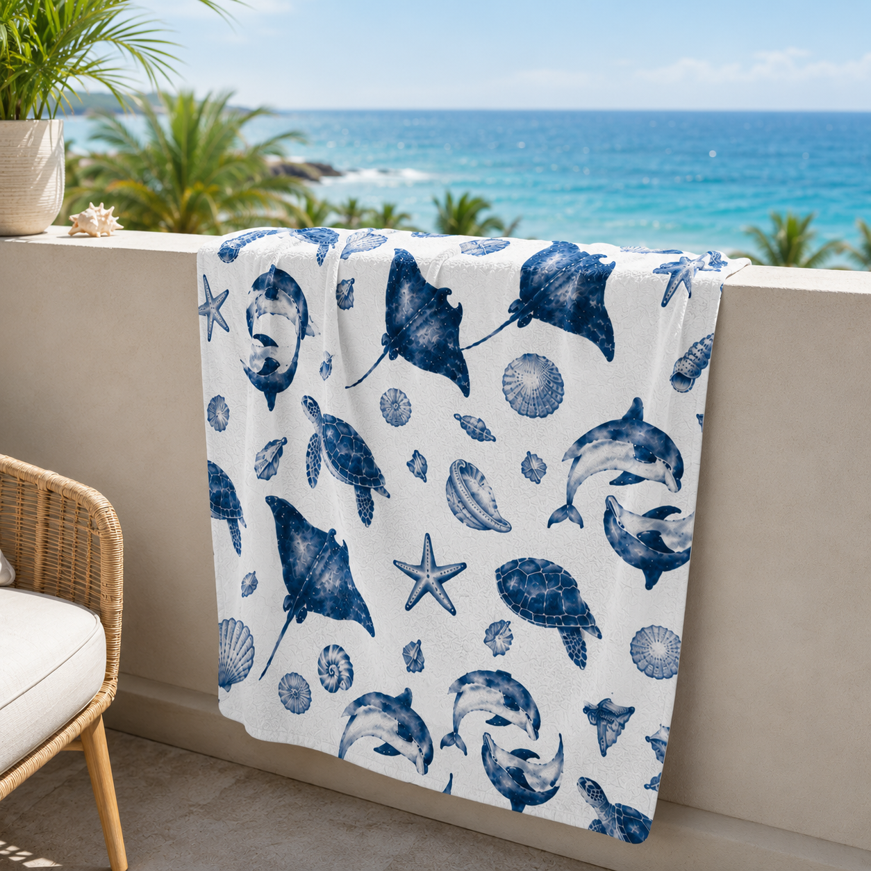 Towel with blue sea creature patterns draped over a railing with a beach view.