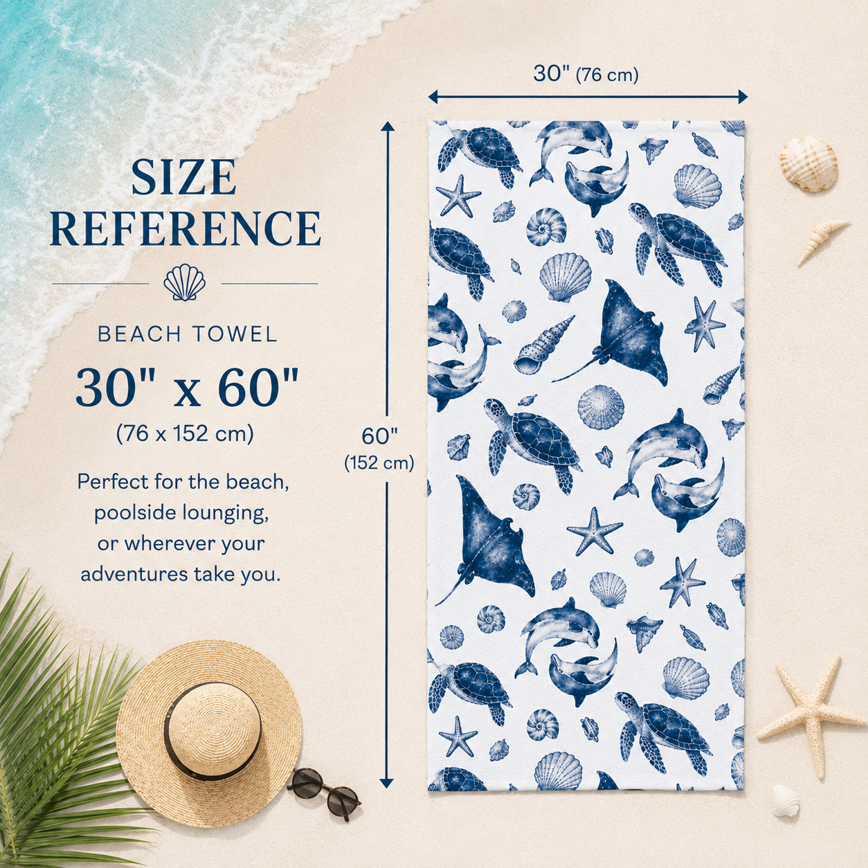 Beach towel with sea creature pattern and size reference on a sandy background