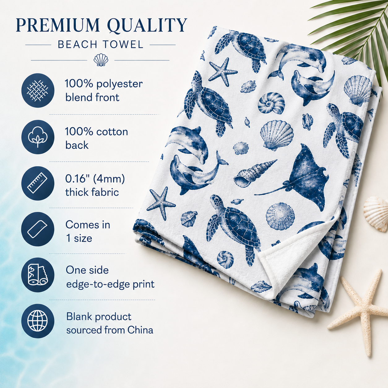 Beach towel with blue marine animal pattern on a light background