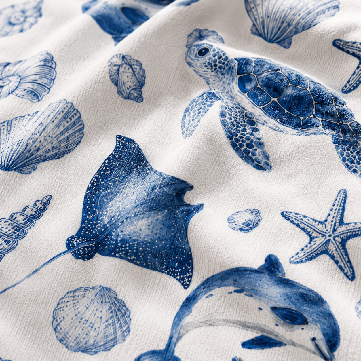 Close-up of fabric with blue sea creature pattern on a white background