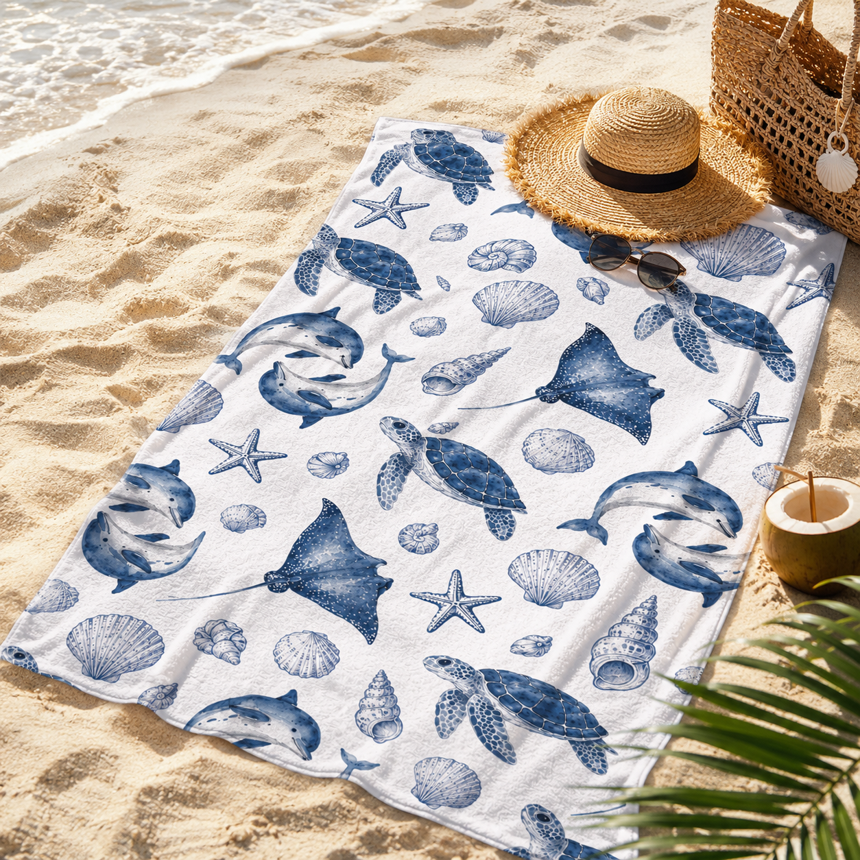 Beach towel with blue sea creature pattern on sand, straw hat and sunglasses nearby