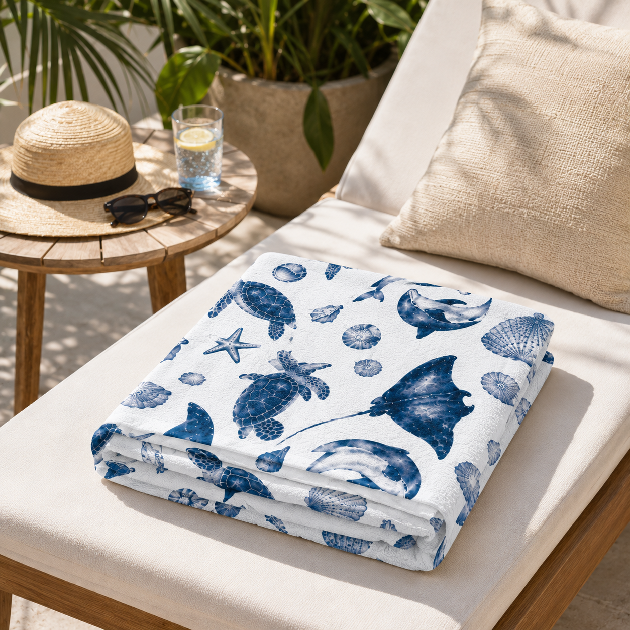 Folded towel with blue sea-themed design on a chair outdoors